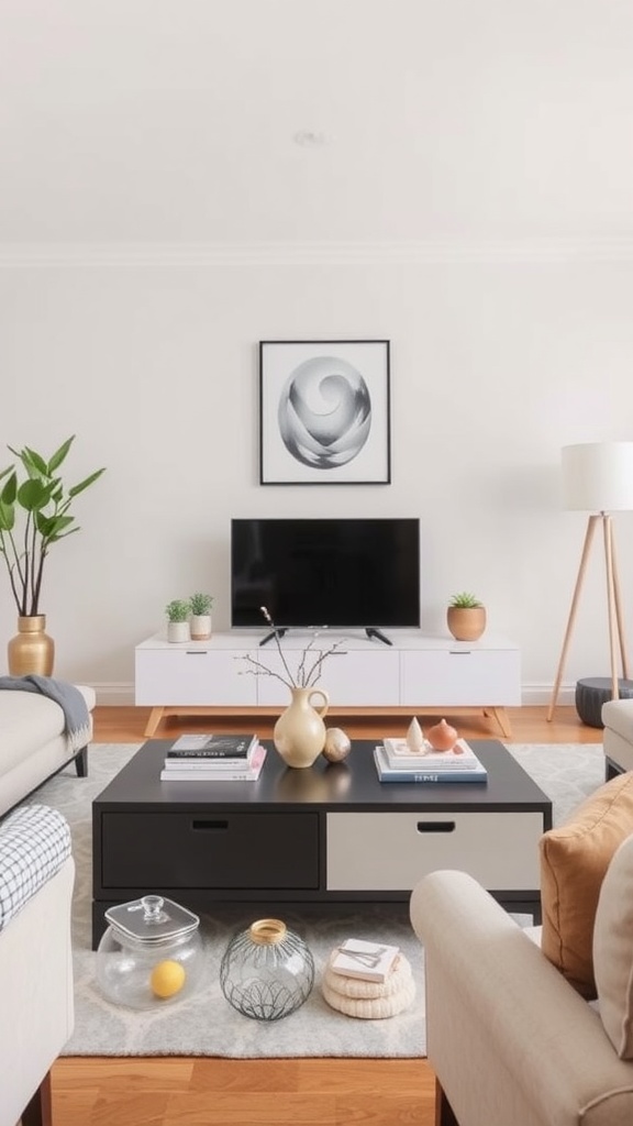 Cozy farmhouse living room featuring a functional coffee table with storage, surrounded by soft furnishings and decorative accents.