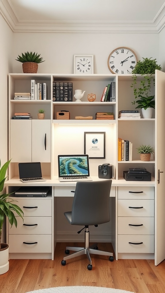 A modern corner office with smart storage, featuring a sleek desk, laptops, shelves with books and plants, and a comfortable chair.