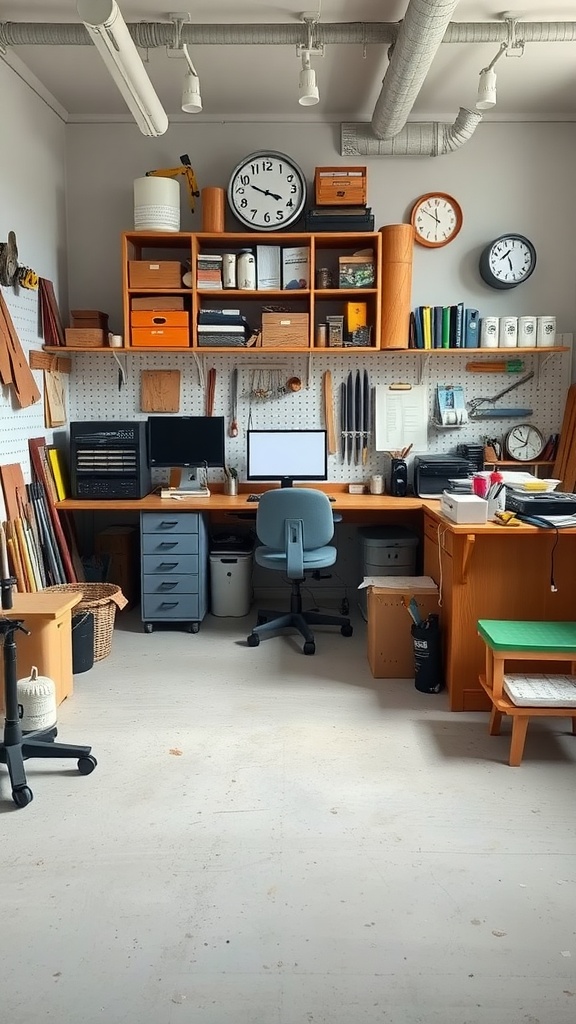 An organized office-craft space with a wooden desk, shelving, and two computer monitors.
