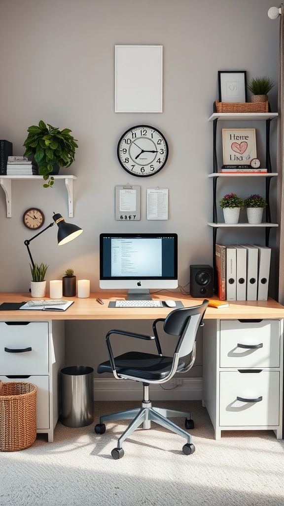 A cozy fall home office desk setup with a computer, chair, clock, and plants.