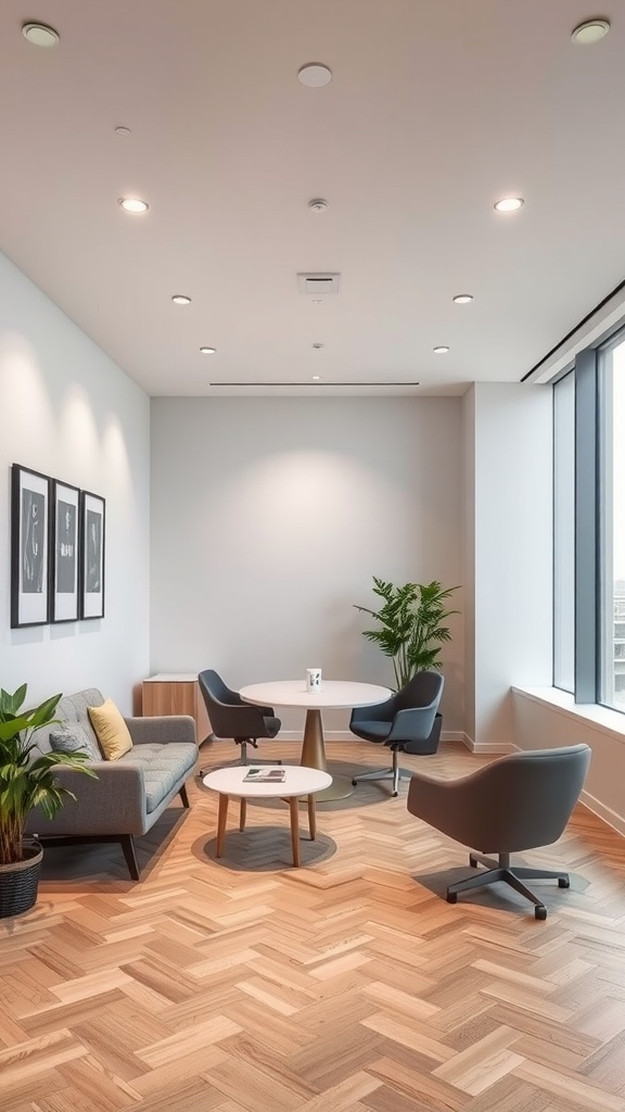 Modern small office interior with a gray sofa, round table, and large windows