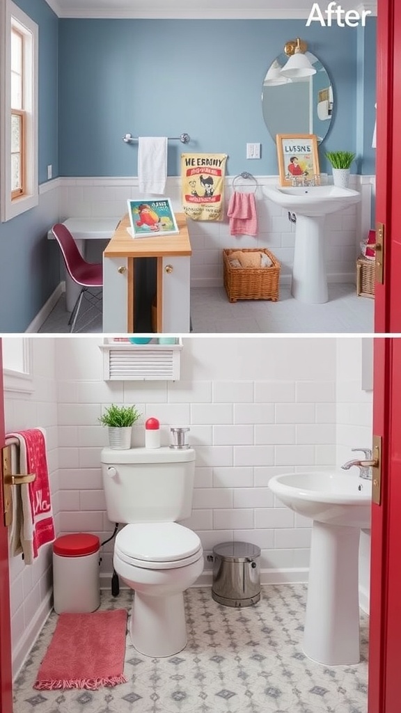 Before and after images of a bathroom makeover showcasing functional family space.