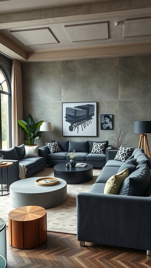A modern living room featuring dark velvet sofas, a round coffee table, and artistic decor against a concrete wall.