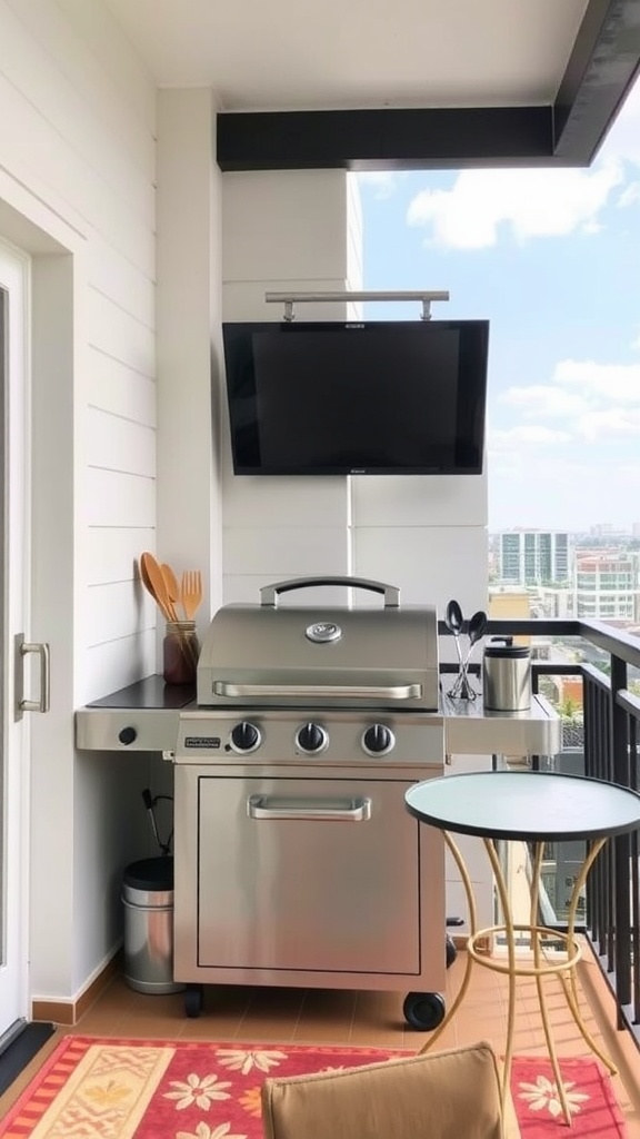 A small balcony featuring a grill station, a small table, and a TV mounted on the wall.