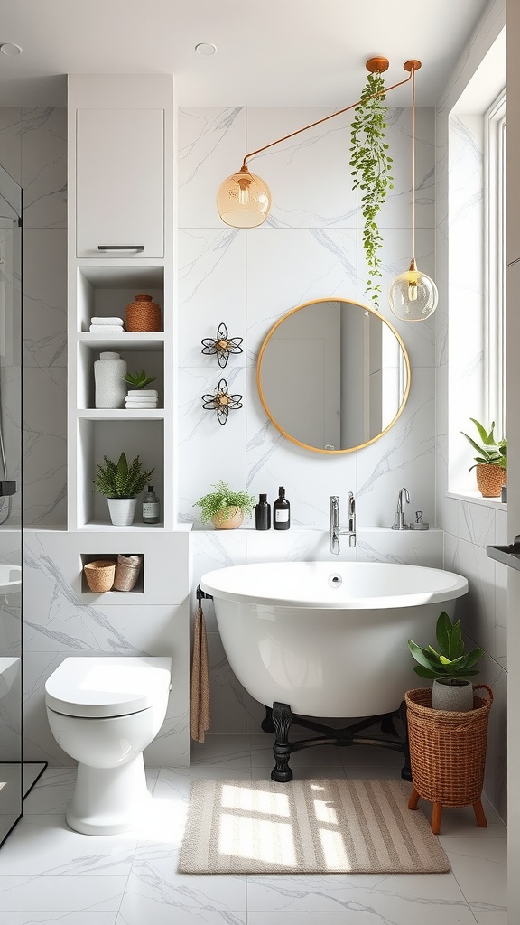 A modern bathroom featuring hidden storage walls with wooden shelves and a round mirror, highlighting a stylish yet functional design.