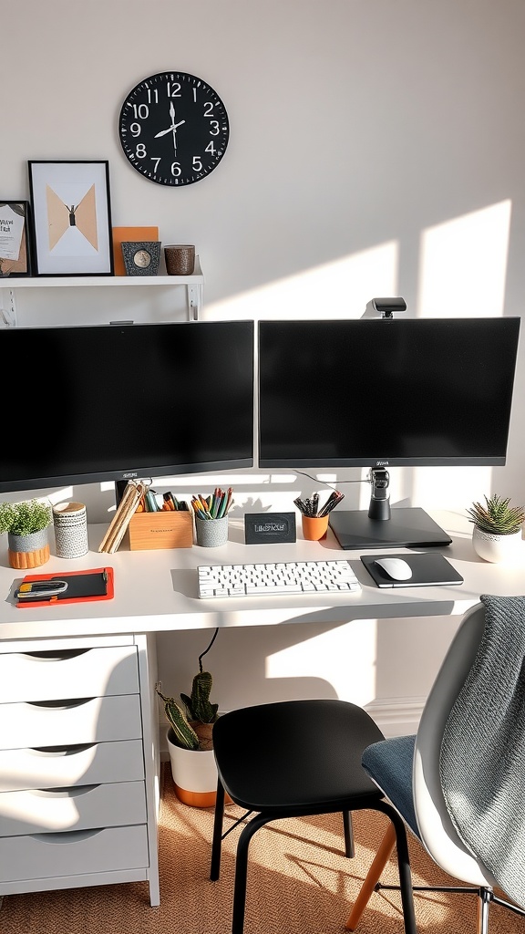 A functional home office featuring dual monitors, a white desk, and organized stationery.