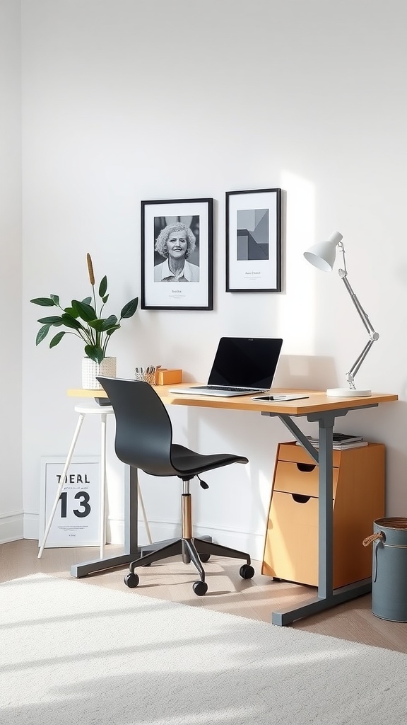 Modern home office with a standing desk, stylish chair, laptop, and decorative elements.