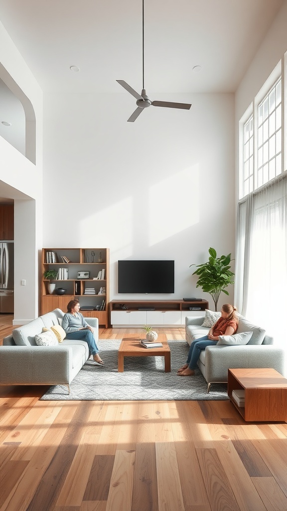 A cozy farmhouse living room with two sofas, a coffee table, and bright natural light.