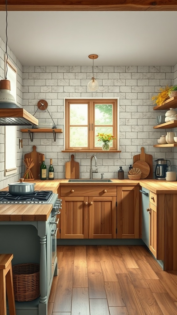A rustic modern kitchen with wooden cabinets, a large window, and open shelving.