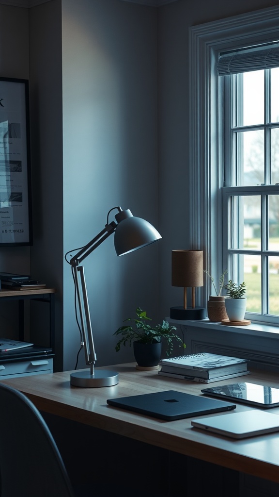 A well-lit home office desk featuring a modern desk lamp, a laptop, and greenery by the window.