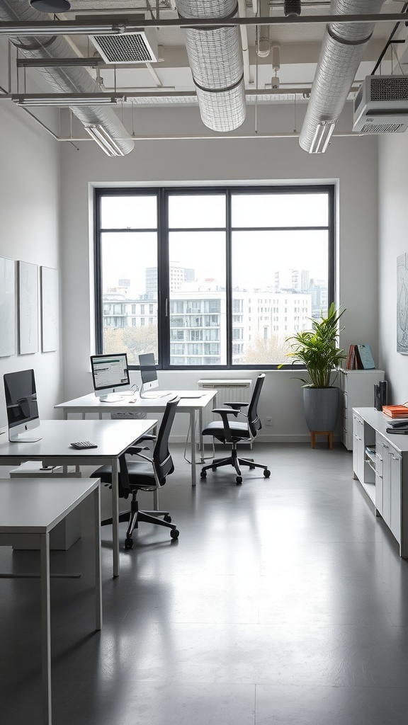 A modern home office with large windows, minimalistic furniture, and a potted plant.