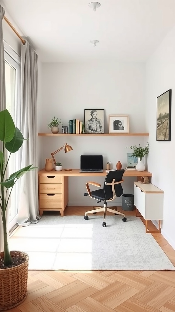A stylish feminine small home office with a wooden desk, comfortable chair, and decorative elements.