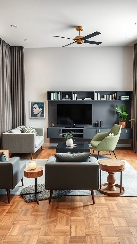 A modern living room featuring a cozy layout with stylish furniture and warm accents.