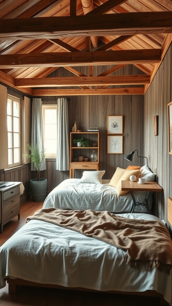 A cozy rustic bedroom with two beds, wooden beams, and a small workspace.