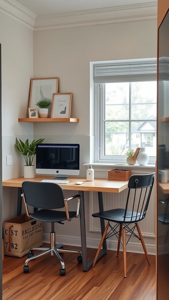 A cozy office nook in a kitchen with a desk, chair, and decor.