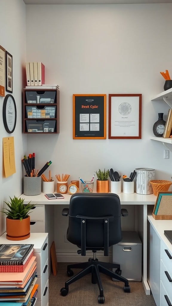 A well-organized tiny home office featuring a desk with office supplies, plants, and framed artwork on the walls.