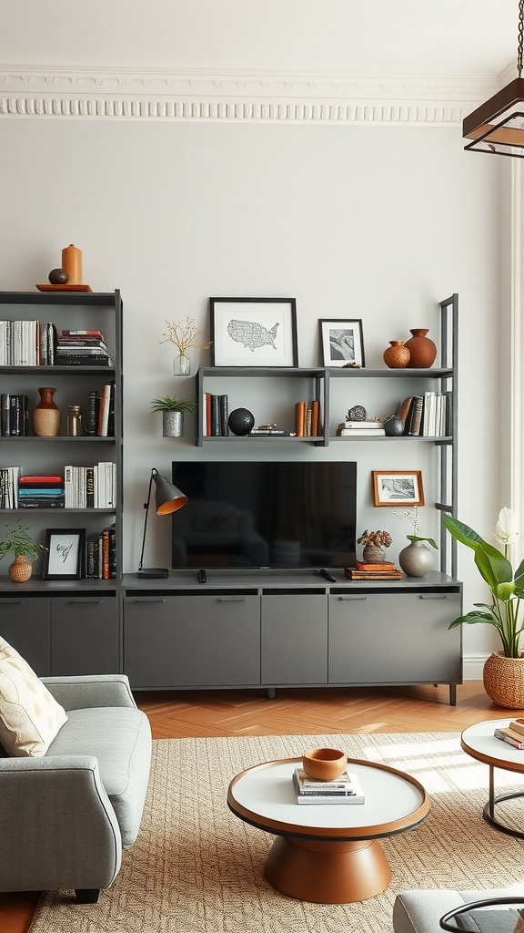 Stylish open shelving in a country farmhouse living room displaying books, plants, and decor items.