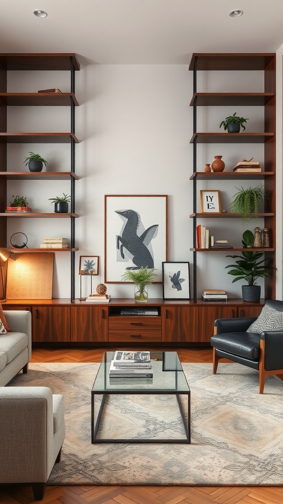 A living room featuring open shelving that blends Art Deco and contemporary design, showcasing plants, books, and artwork.
