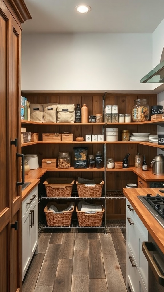 Cozy rustic modern kitchen pantry with wooden shelves, jars, and baskets.