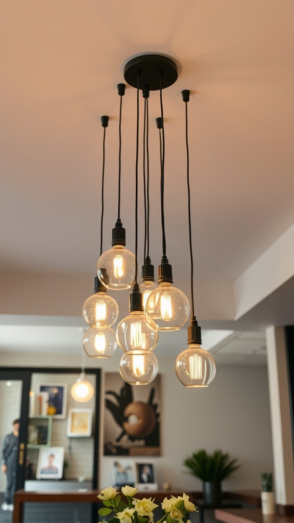 A cluster of pendant lights with clear glass bulbs hanging from the ceiling