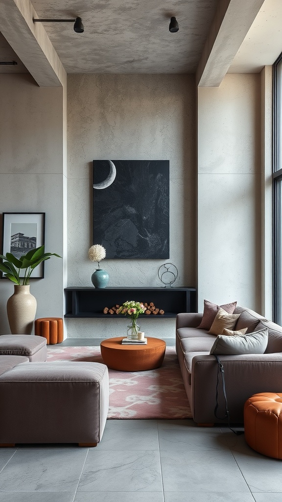 A modern living room featuring concrete walls, velvet furniture, a round coffee table, and a striking black painting.