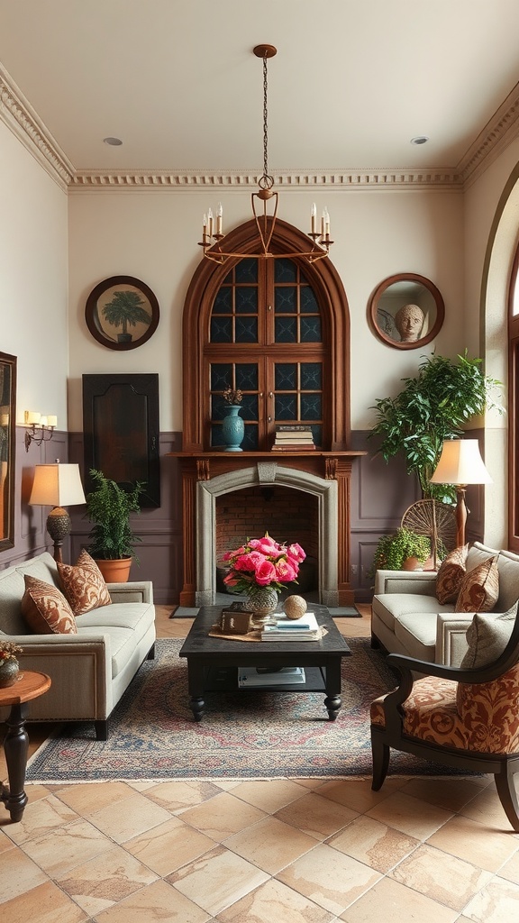 A cozy living room featuring Mediterranean and Gothic design elements, with arched windows, elegant seating, and a floral centerpiece.