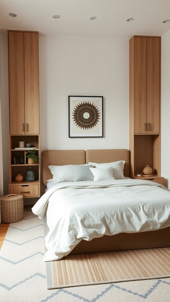 A minimalist boho-style bedroom featuring functional storage solutions with wooden cabinets and a cozy bed.