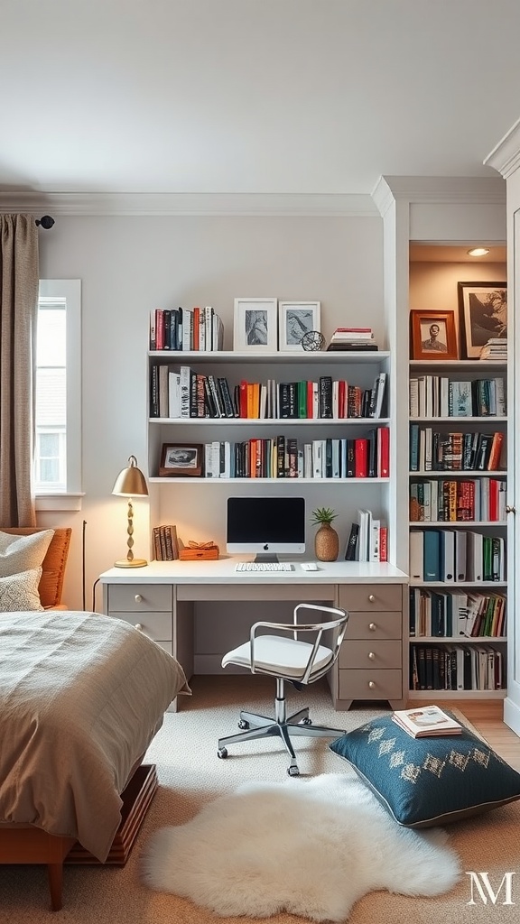 Cozy functional study area in a master bedroom with a desk, a computer, bookshelves, and comfortable seating.