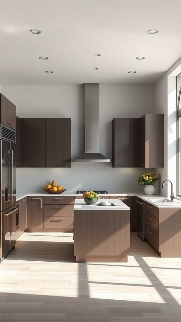 A modern U-shaped kitchen with dark cabinetry, an island, and ample natural light.