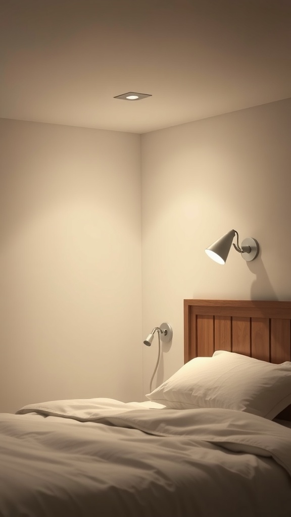 A cozy bedroom featuring a wall-mounted reading light beside a bed with simple bedding.