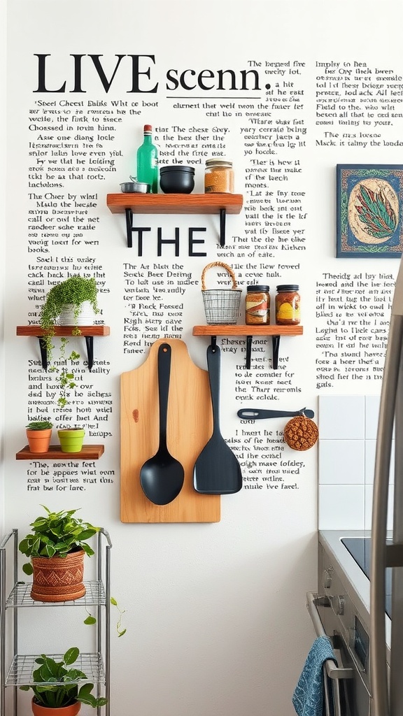 Creative kitchen wall art with shelves and utensils