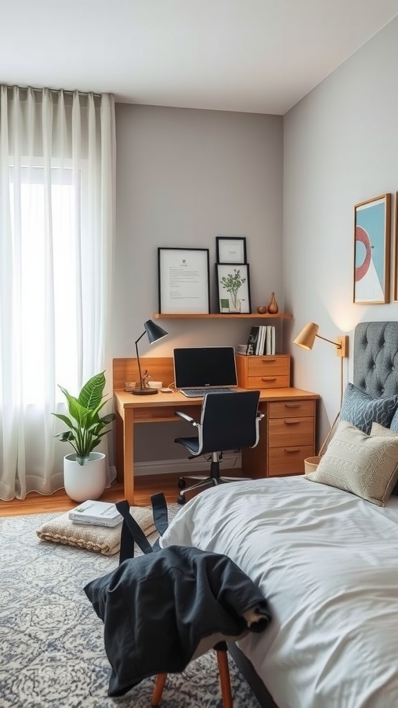 A modern bedroom featuring a functional workspace with a desk, computer, and plant.