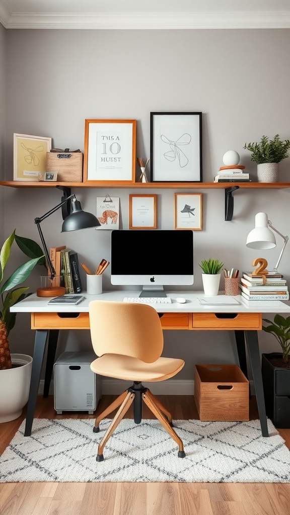 A stylish home office featuring a modern desk with a computer, organized shelves, and a comfortable chair.