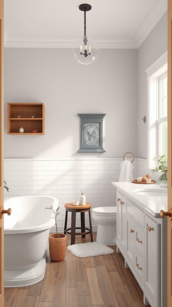 A stylish farmhouse bathroom featuring a freestanding tub, a sleek vanity, and a small plant.