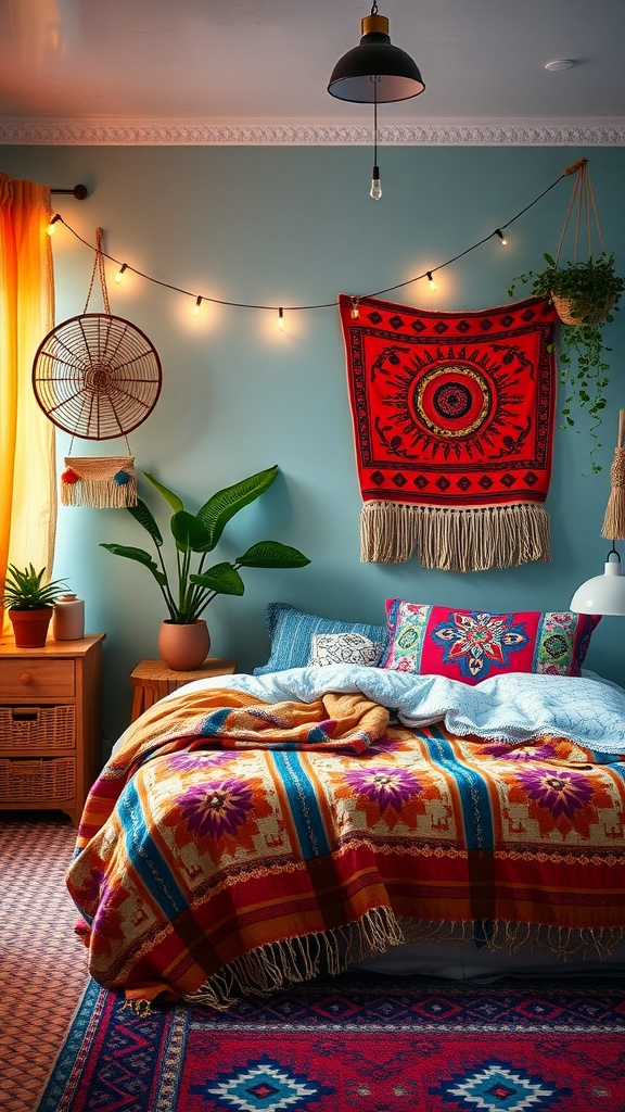 A vibrant boho bedroom featuring colorful blankets, patterned pillows, and warm wall colors.