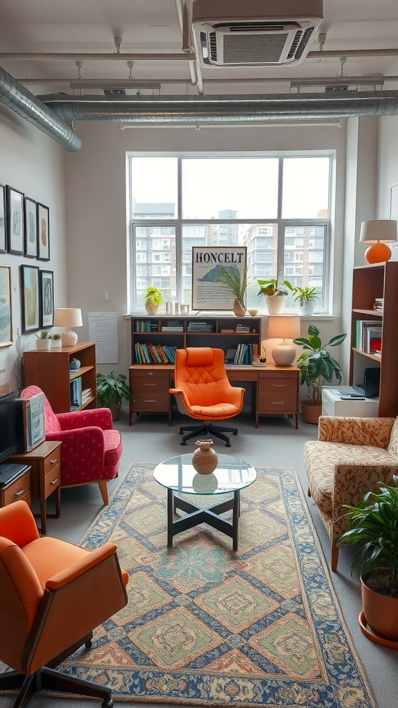 A small office featuring funky furniture arrangements with colorful chairs and a round glass table.