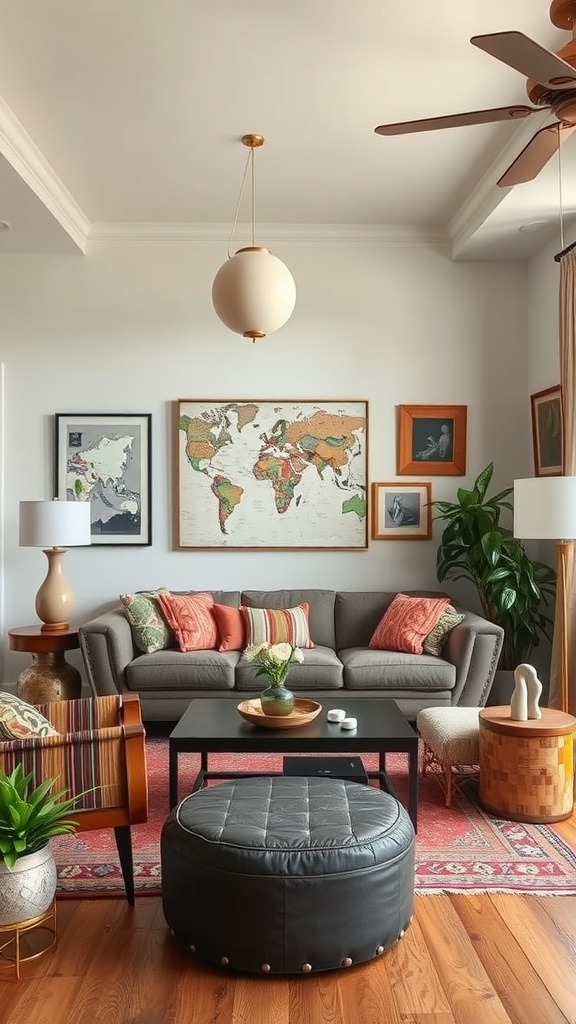 A cozy living room with a grey sofa, colorful cushions, a coffee table, and eclectic wall art.