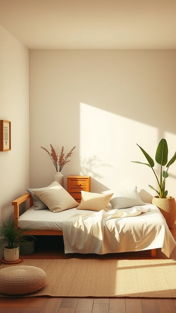 A cozy futon bed with soft pillows, natural light, and green plants in a minimalistic bedroom.