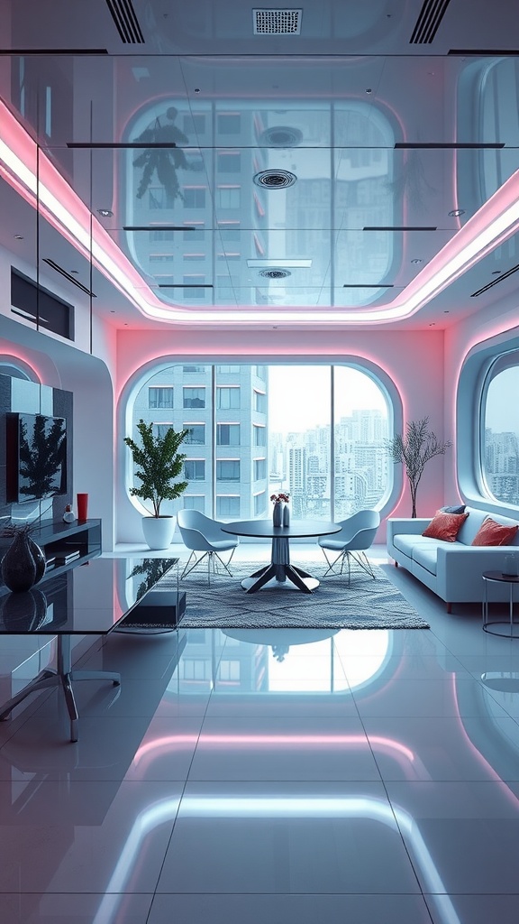Futuristic living room and dining room combo with clean lines, large windows, and a glowing ceiling