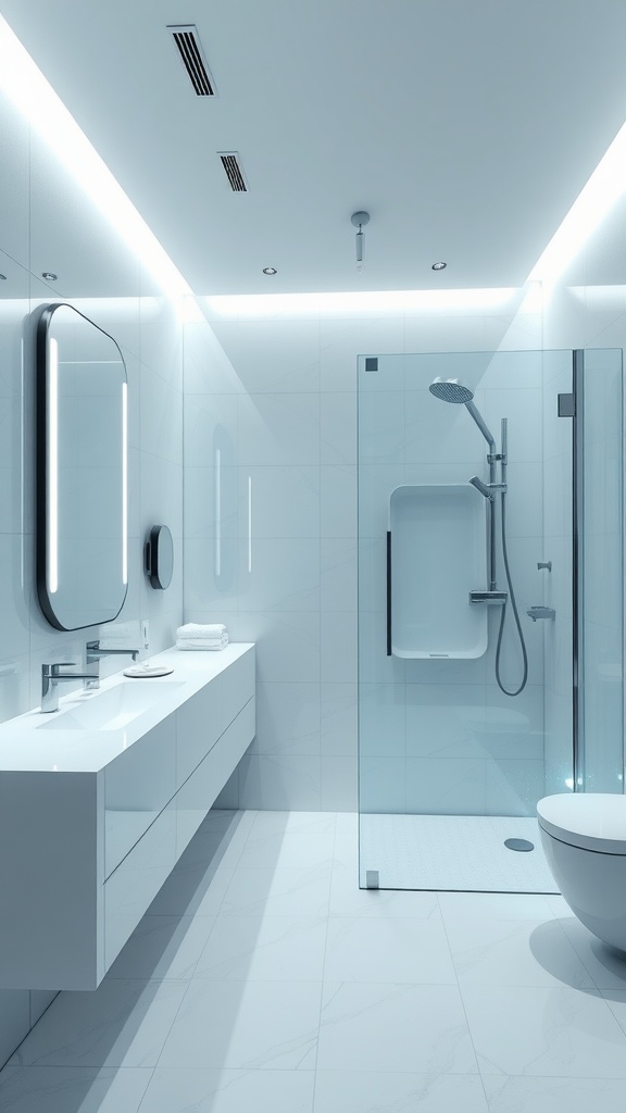 A modern, futuristic bathroom with sleek design, ambient lighting, and a glass shower enclosure.