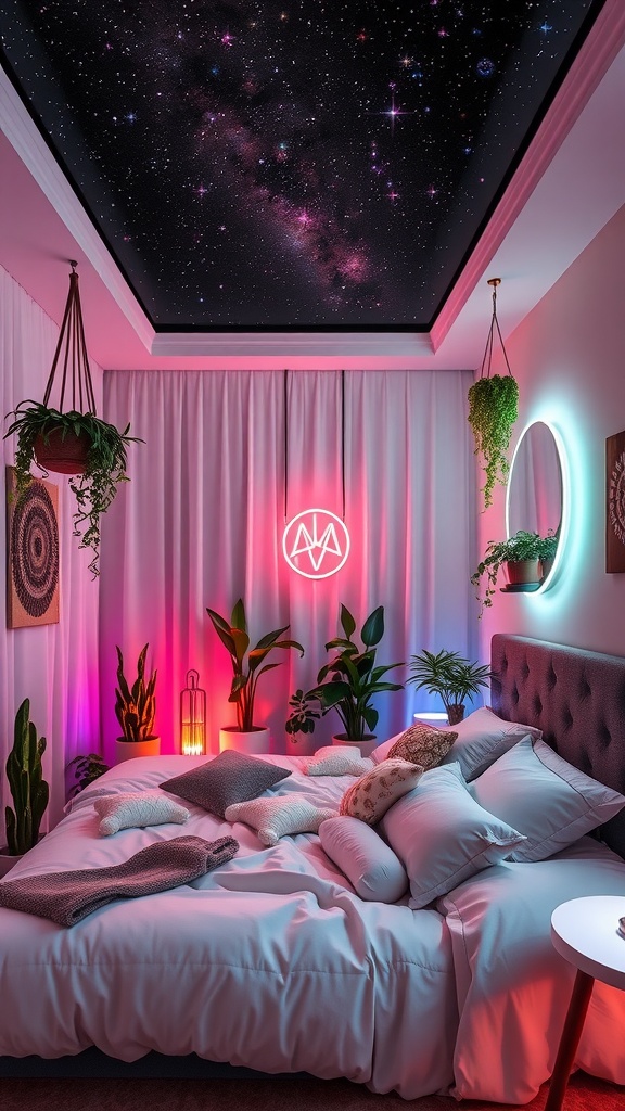 A bohemian bedroom with a starry ceiling, colorful lights, and lush plants, blending cozy and futuristic elements.