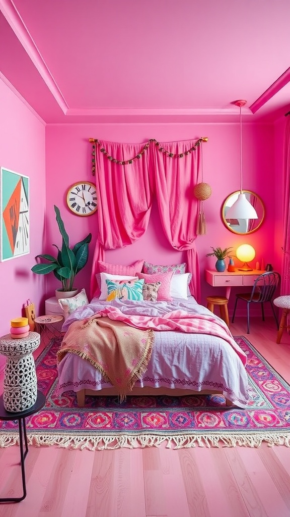 A bright pink boho style bedroom with colorful textiles, a patterned rug, and modern decor.