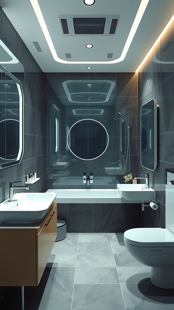 Futuristic smart bathroom featuring sleek dark tiles, minimalist fixtures, and integrated lighting