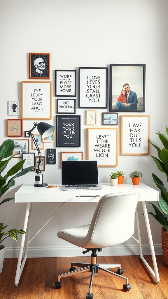 A modern home office setup featuring a gallery wall with framed artwork and quotes, a sleek desk, a laptop, a chair, and indoor plants.