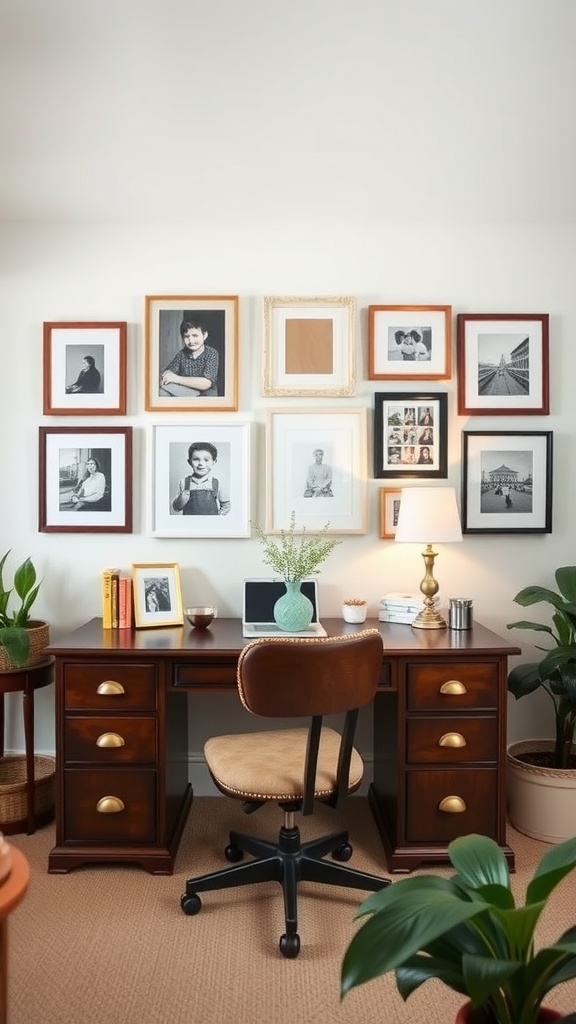 A cozy home office featuring a gallery wall of framed black and white family photos above a wooden desk.