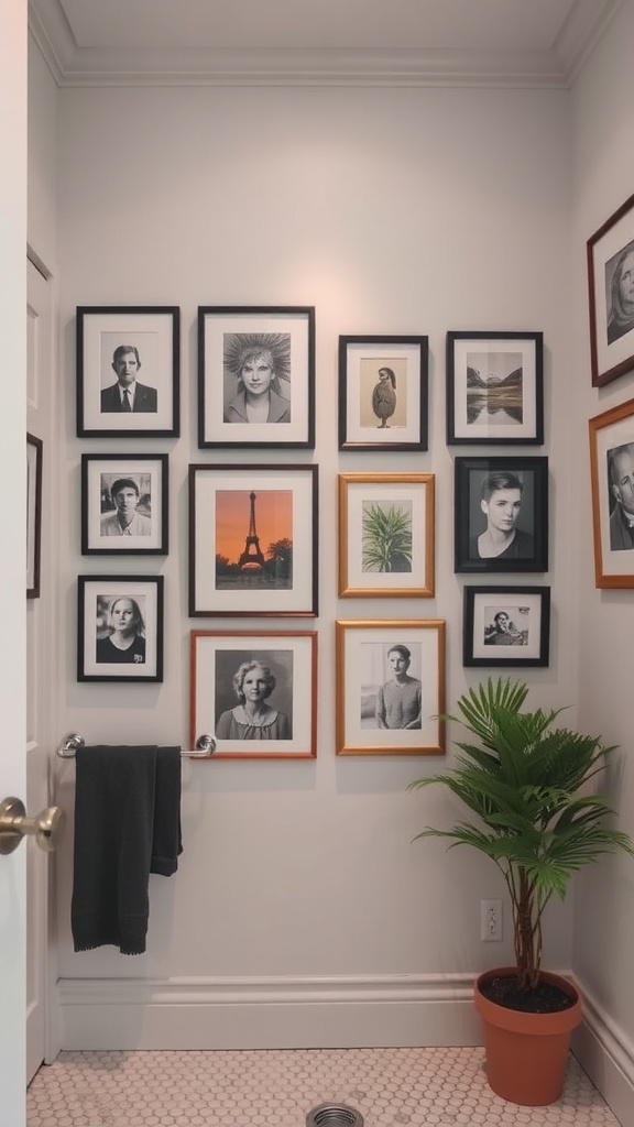 A gallery wall of black and white framed prints in a bathroom, featuring various portraits and a small plant in a pot.