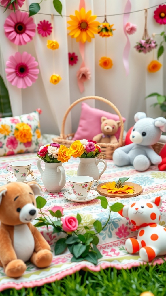 A vibrant garden tea party setup with plush toys, tea sets, and colorful flowers.