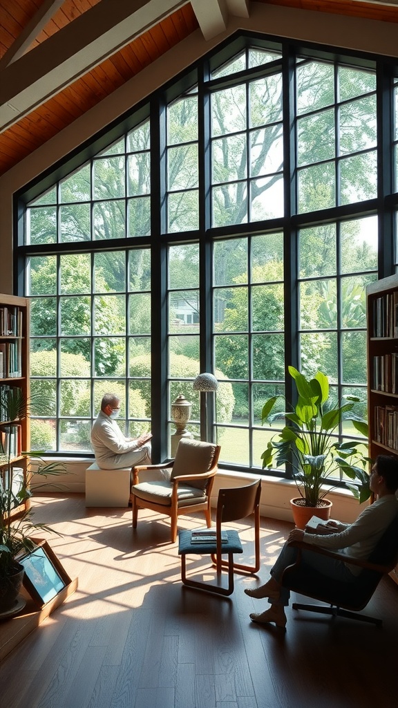 A cozy library with large windows overlooking a garden, featuring comfortable seating and plants.