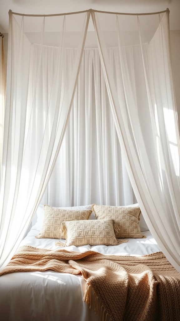 A cozy bedroom with gauzy white canopy curtains, a white bed with patterned pillows, and a knitted throw blanket.