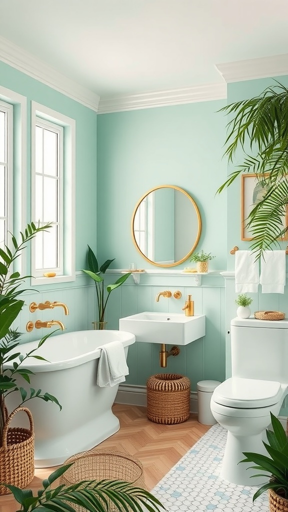 A bathroom featuring mint green walls, cream accents, and plants, creating a calm atmosphere.